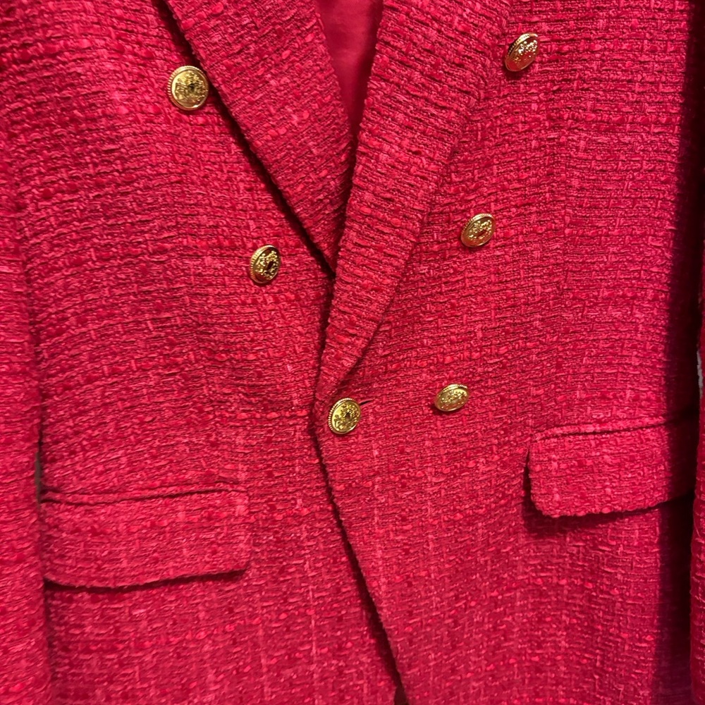 Pink Double-Breasted Tweed Blazer with Gold Buttons